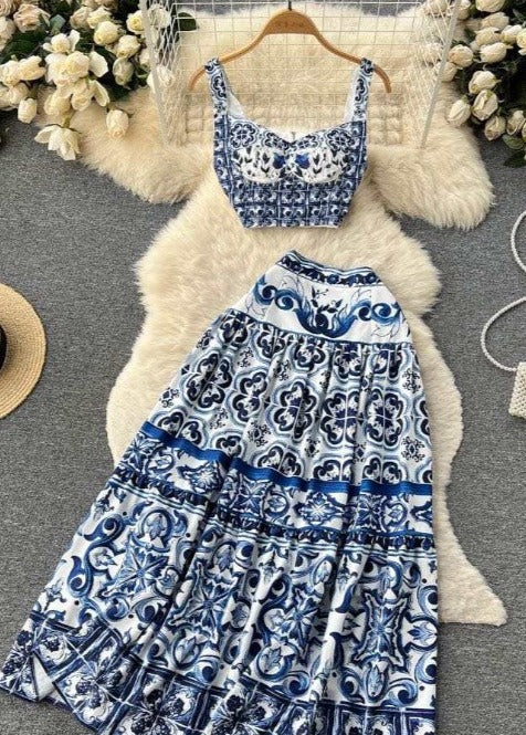 Elegantly Fab Blue Print Maxi Skirt Set - Féline Couture 