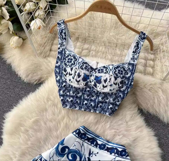 Elegantly Fab Blue Print Maxi Skirt Set - Féline Couture 