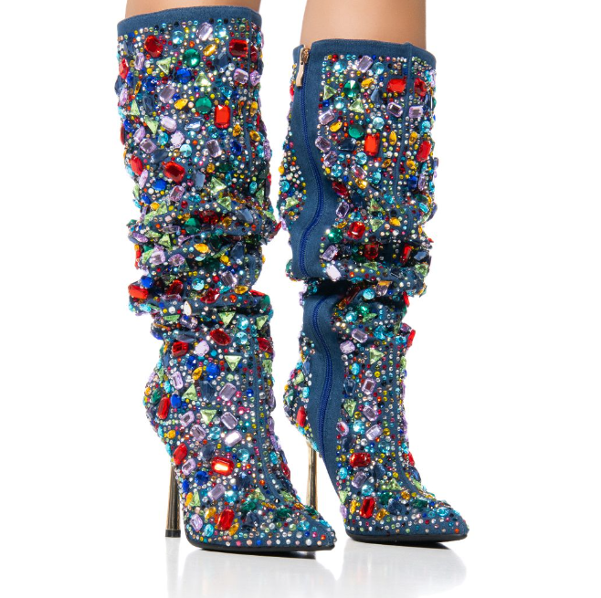 Courtside Baddie Rhinestone Denim Stiletto Boot - Féline Couture 