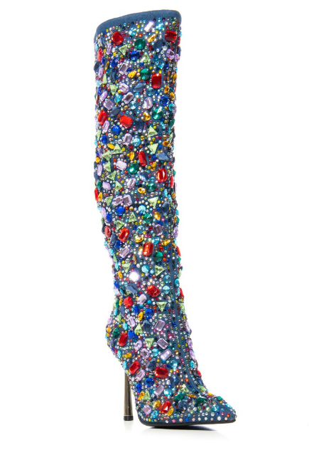 Courtside Baddie Rhinestone Denim Stiletto Boot - Féline Couture 