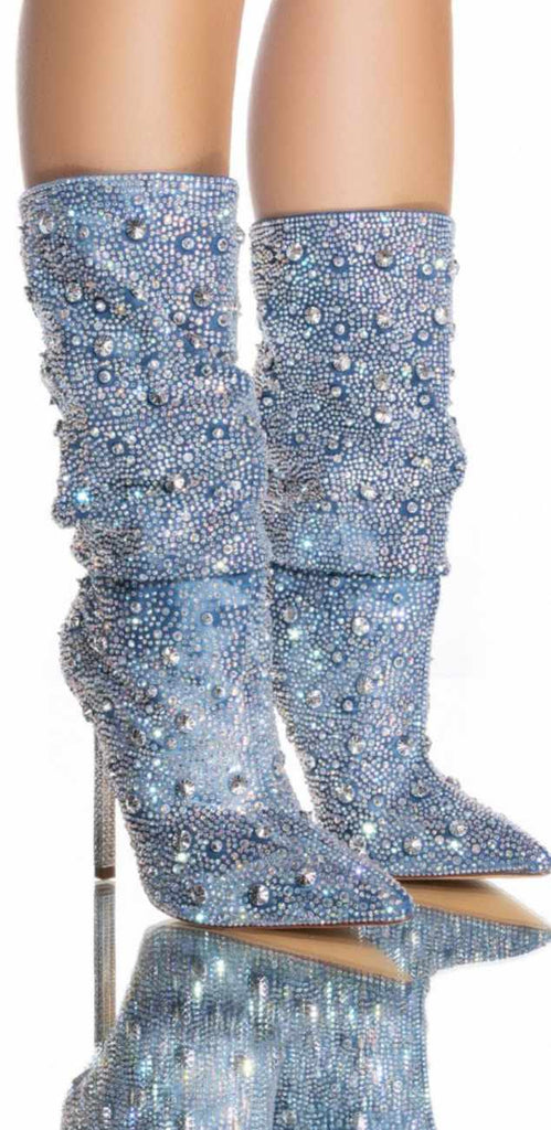 Denim & Diamonds Awestruck Rhinestone Slouch Boot - Féline Couture 