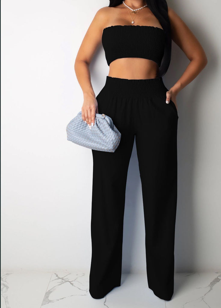 Jennifer Crop Top Strapless 2 Piece Pants Set - Féline Couture 