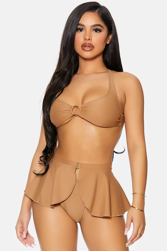 Winter Beach Vacation Gold Ring Strappy Back 3 Piece Swimsuit - Féline Couture 
