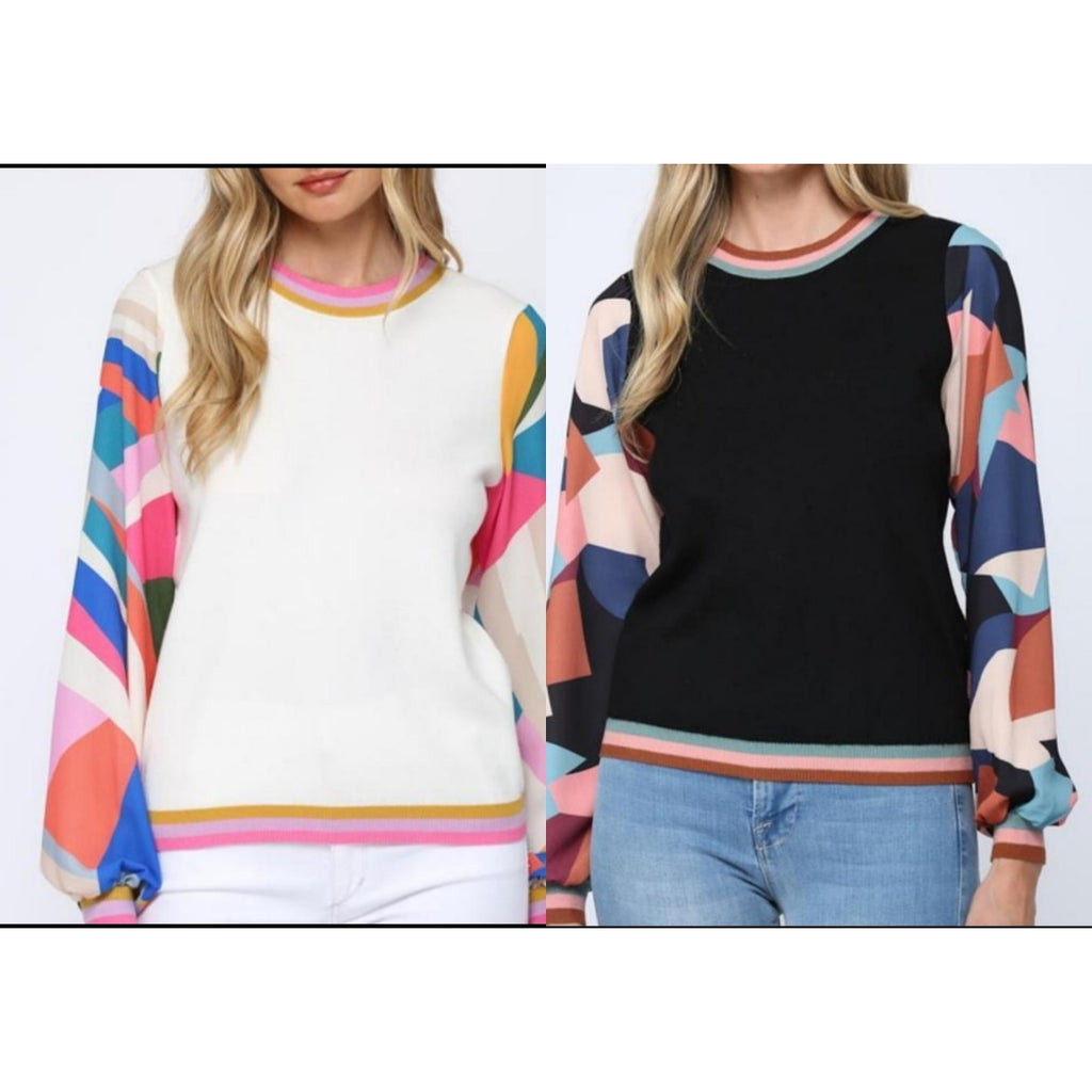 Opposites Attract Printed Woven Contrast Sleeve Sweater - Féline Couture 