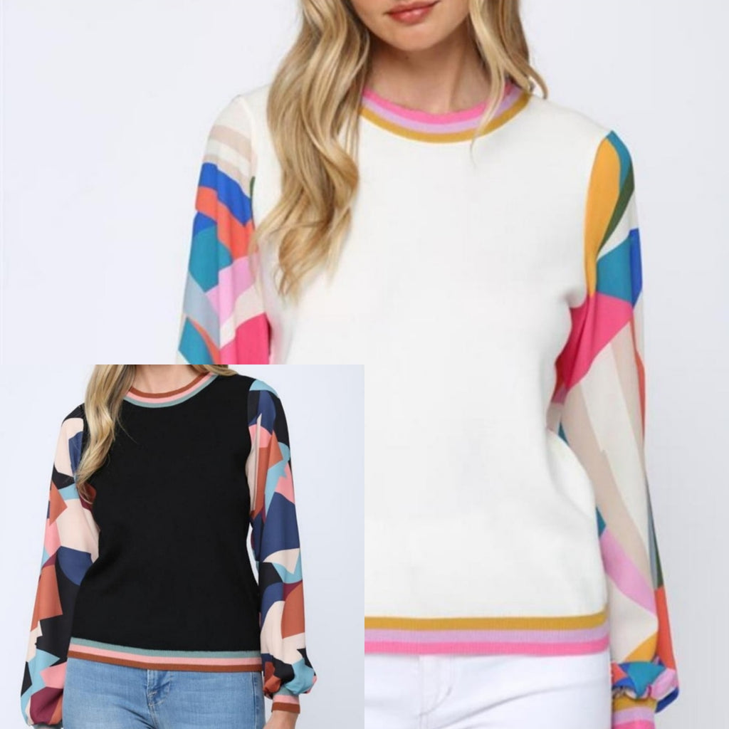 Opposites Attract Printed Woven Contrast Sleeve Sweater - Féline Couture 