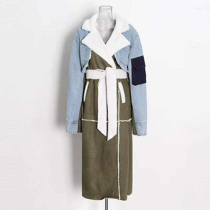Big Bad Wolf in Sheep's Clothing Shearling Fleece Denim Winter Trench Coat - Féline Couture 