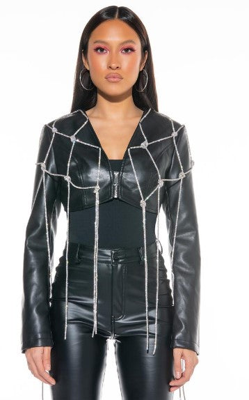 Drippin in Bling Luxury Leather Crop Jacket - Féline Couture 