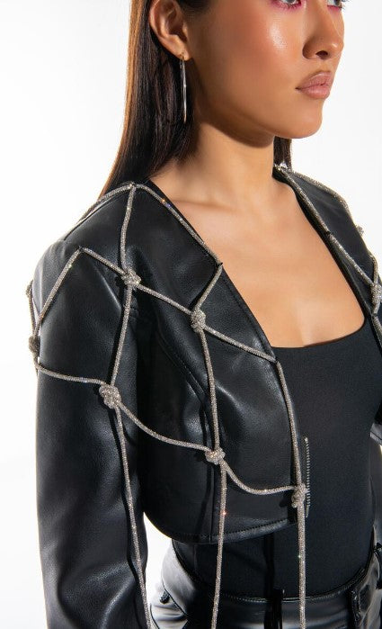 Drippin in Bling Luxury Leather Crop Jacket - Féline Couture 