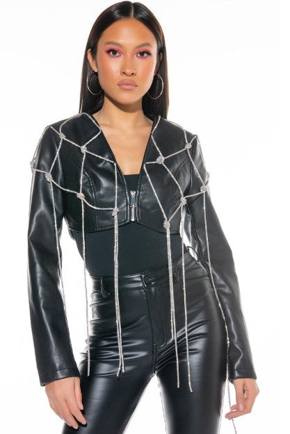 Drippin in Bling Luxury Leather Crop Jacket - Féline Couture 