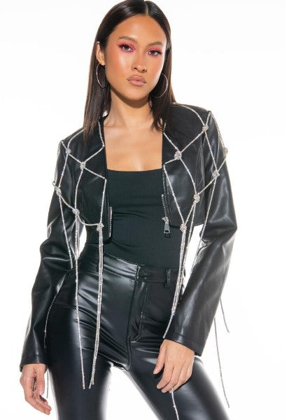 Drippin in Bling Luxury Leather Crop Jacket - Féline Couture 