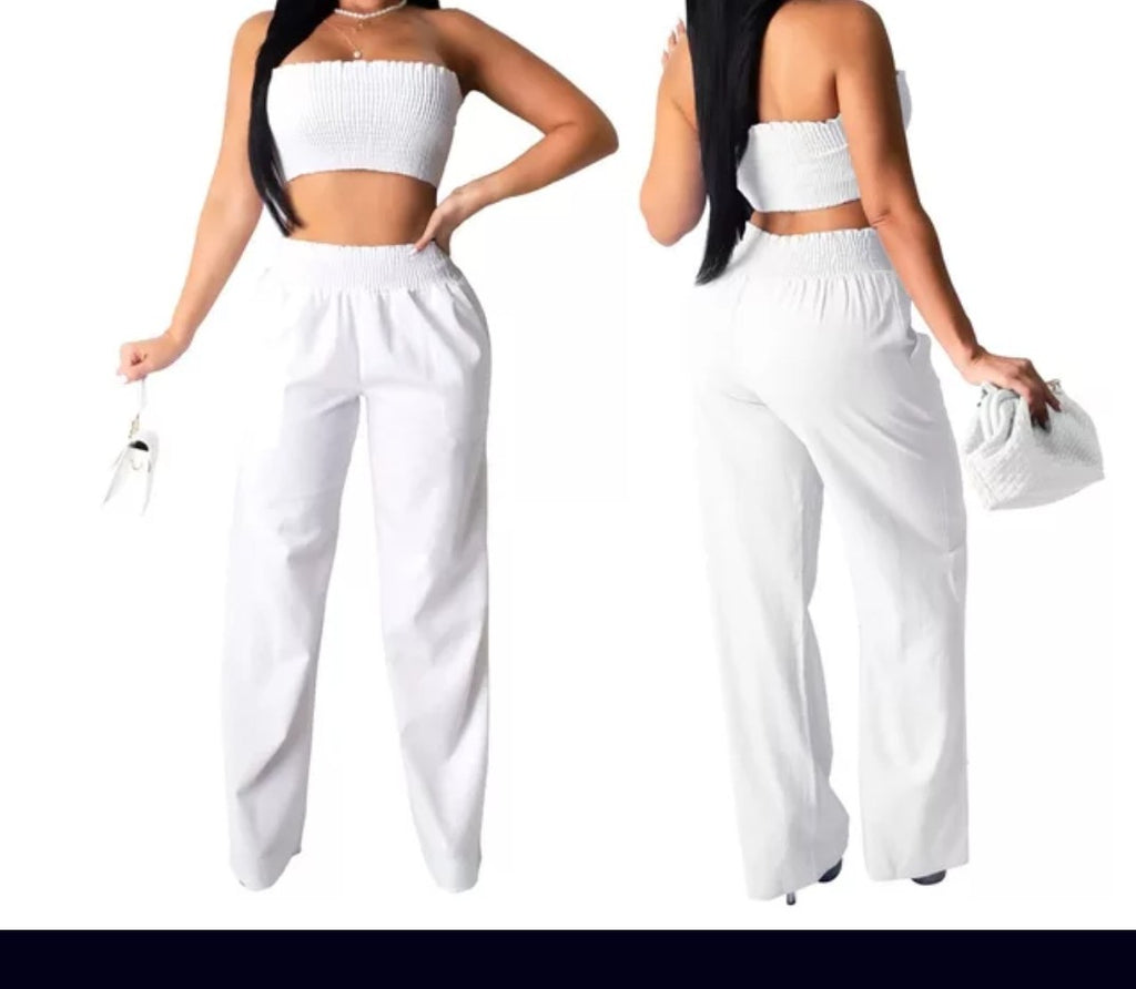 Jennifer Crop Top Strapless 2 Piece Pants Set - Féline Couture 