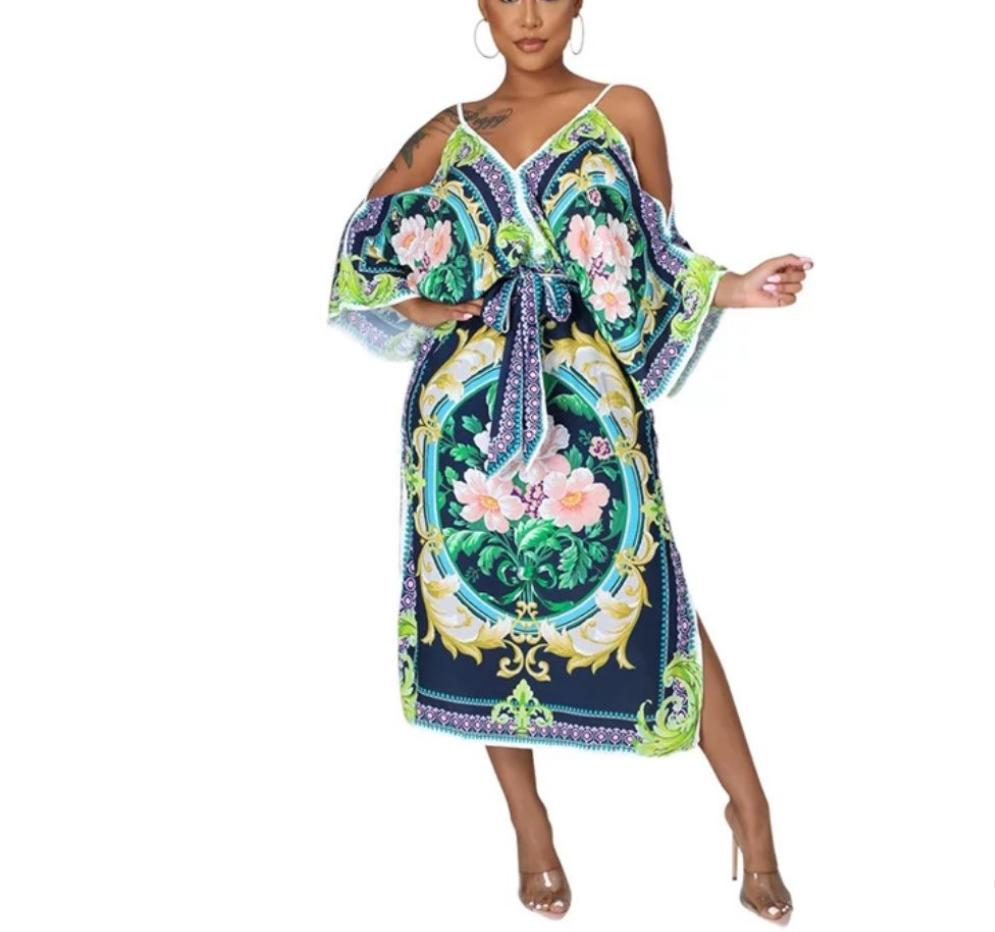 Andrea Navy Green Multi Color Print Wide Sleeves Maxi Dress - Féline Couture 