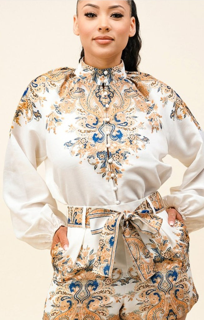 Chic Habits Long Sleeve Blouse & Short Set - Féline Couture 