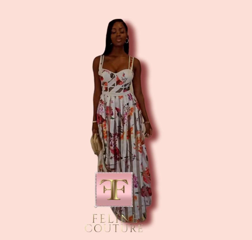Meet Me in Manhattan Striped Floral Sheer Print Padded Maxi Dress - Féline Couture 