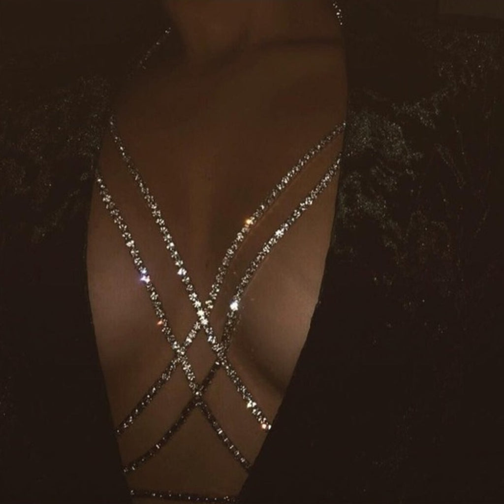 Eyes on the Prize Rhinestone Chest Chain Bra - Féline Couture 