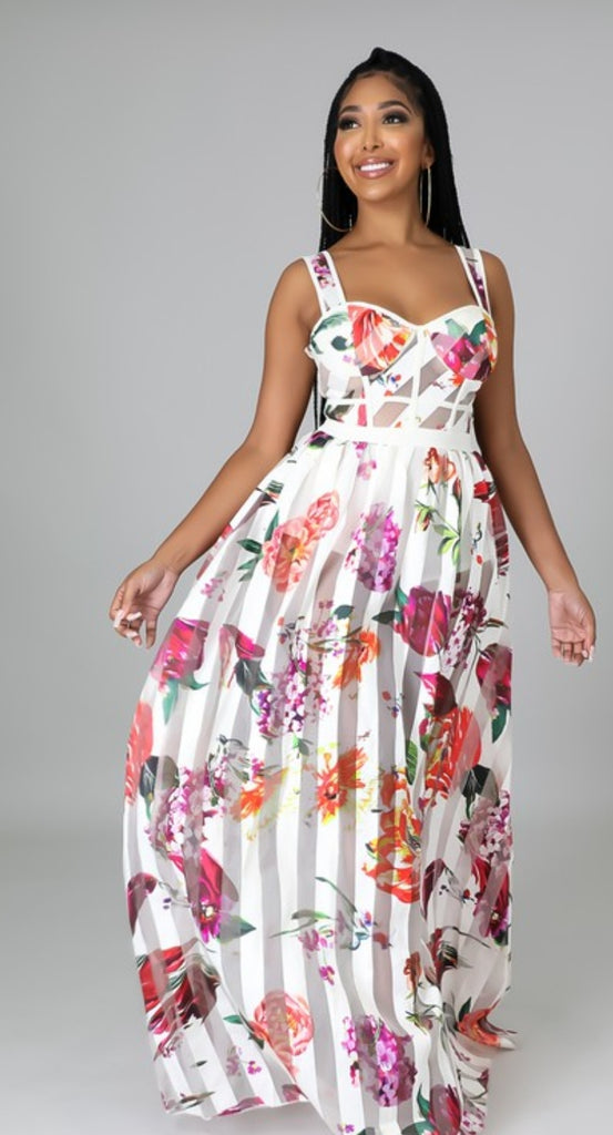 Meet Me in Manhattan Striped Floral Sheer Print Padded Maxi Dress - Féline Couture 