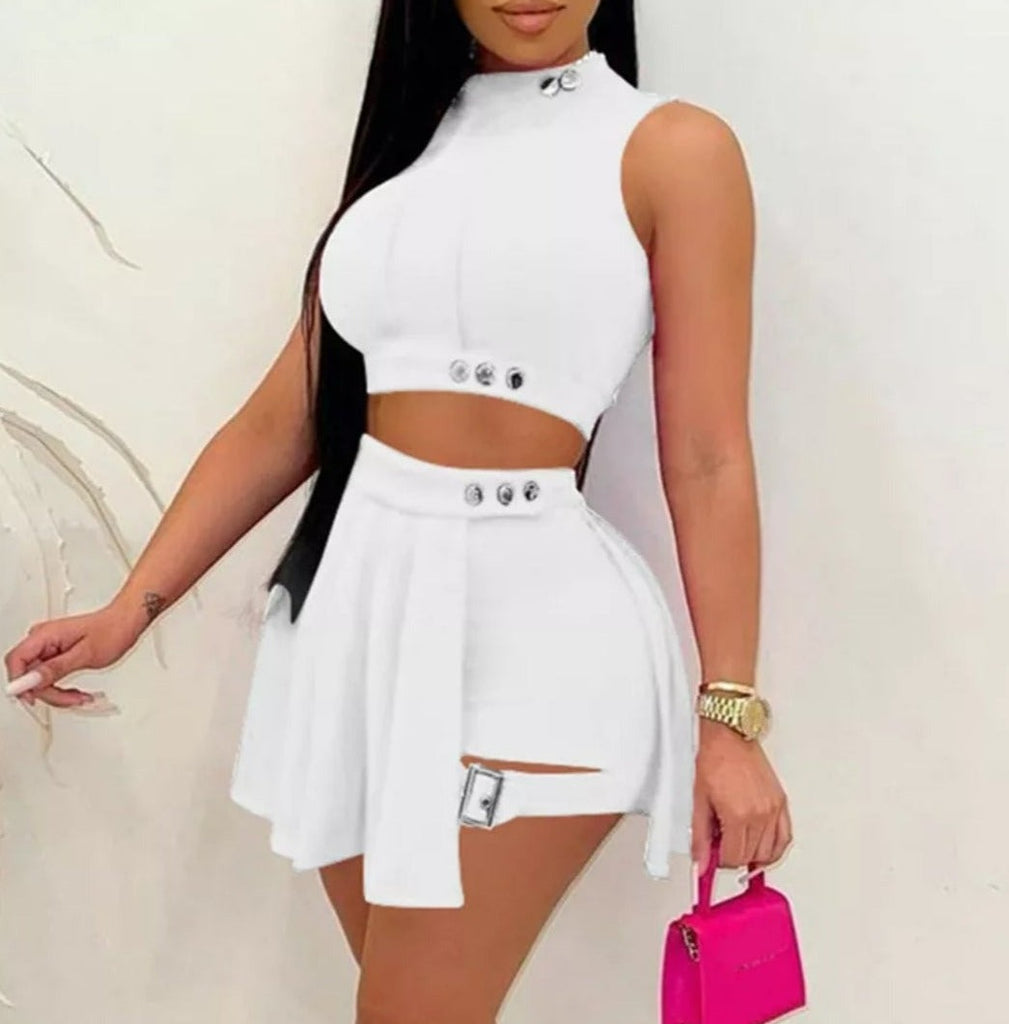 Cool Girl in School Buckle Pleated Skirt Set - Féline Couture 