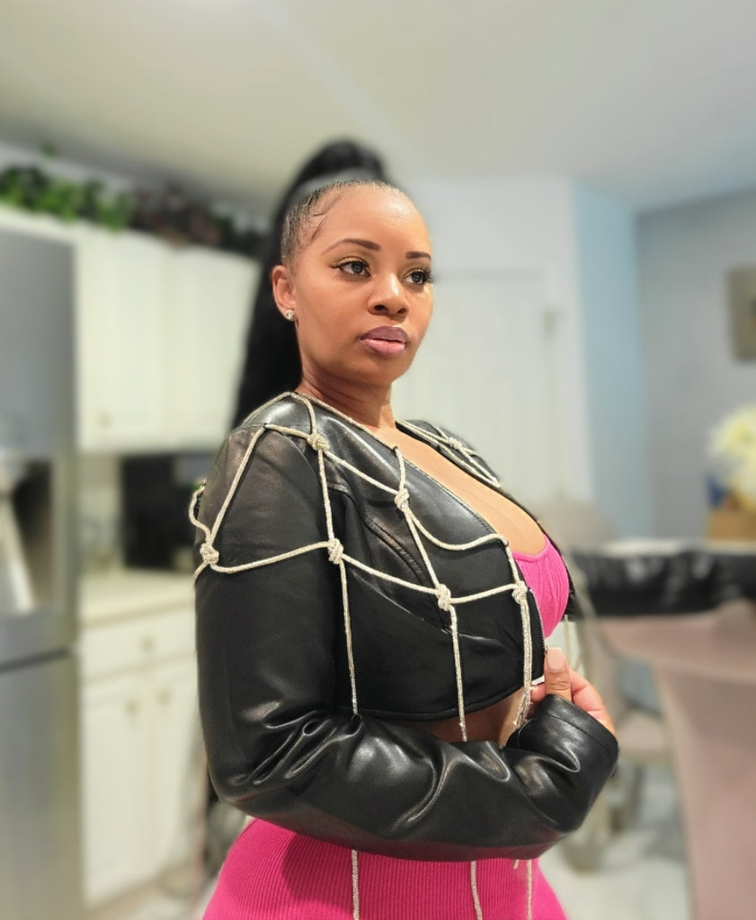Drippin in Bling Luxury Leather Crop Jacket - Féline Couture 