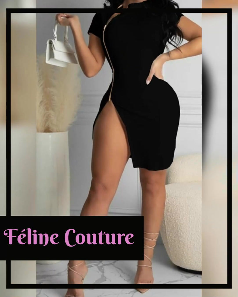 Just Zip It High Slit Zipper Mini Dress - Féline Couture 