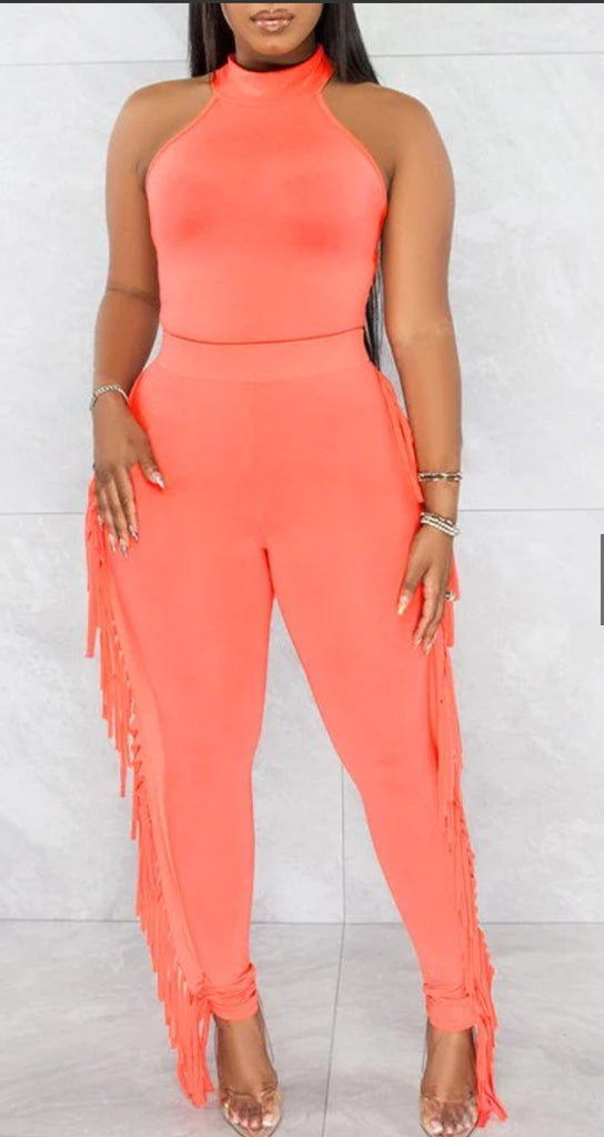 Santorini Summers Crop Top & Tassel Trim Skinny Pants Set - Féline Couture 