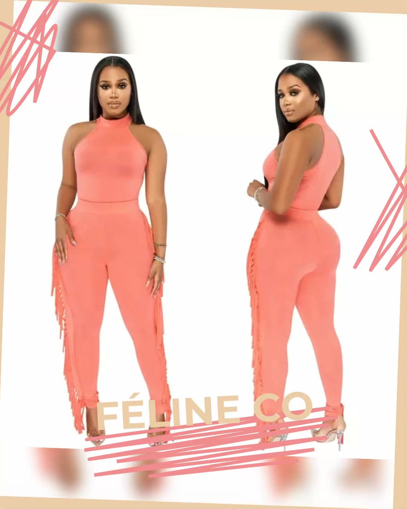 Santorini Summers Crop Top & Tassel Trim Skinny Pants Set - Féline Couture 